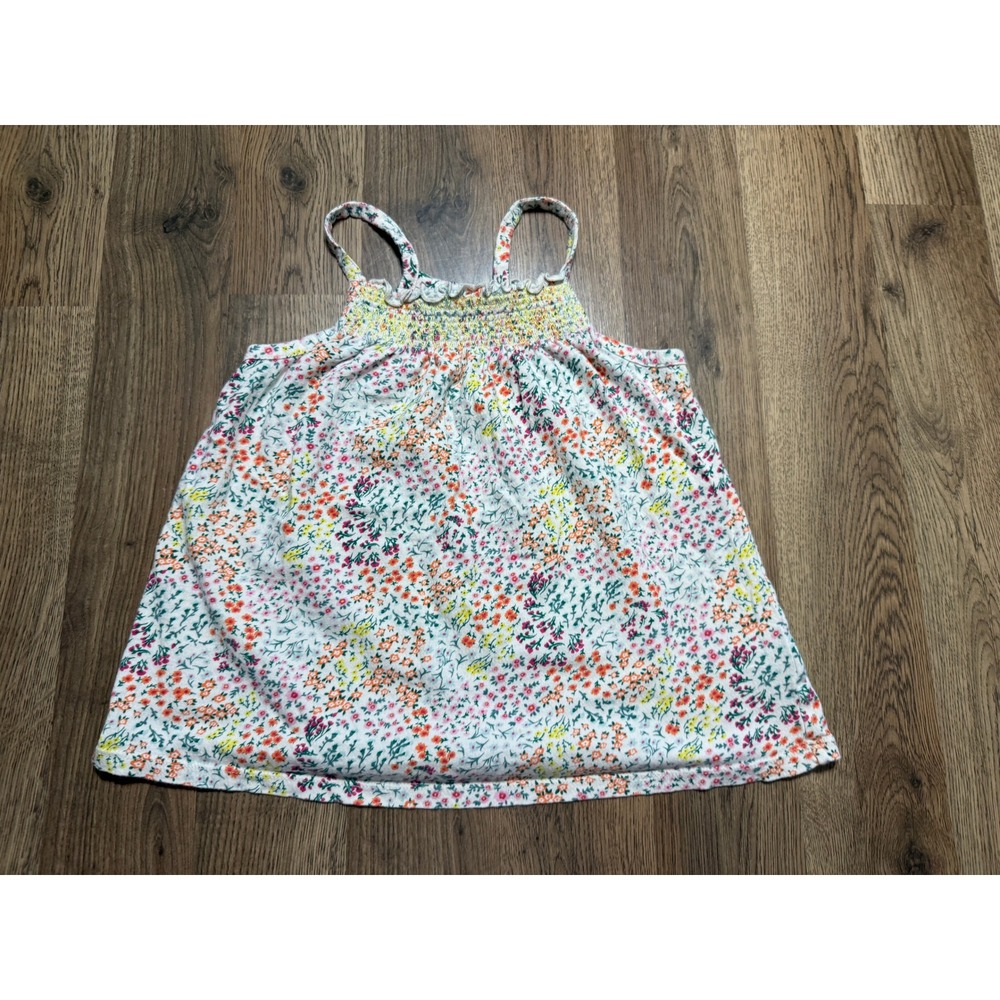 Lands End Floral Tank Top Girls M White Multi Smocked Cotton Blend Excellent